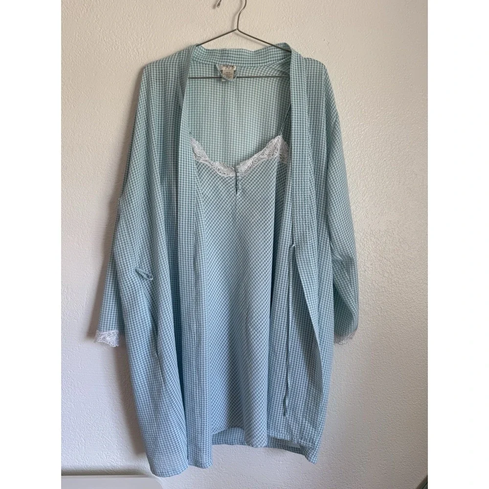 Vintage Nordstrom Intimates Size XS Slip Nightgown And Robe Set Blue Gingham